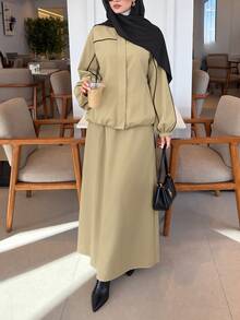 Solavon Women's Long Sleeve Zipper Front Jacket And Skirt Casual 2 Pieces Set - Khaki - View 3