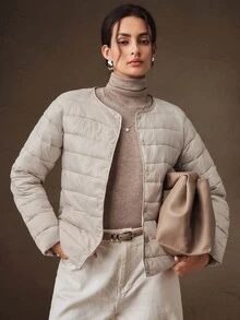 Anewsta Autumn/Winter Crew Neck Apricot Thin Long Sleeve Padded Coat - Apricot - View 1