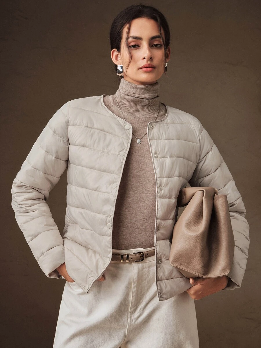 Anewsta Autumn/Winter Crew Neck Apricot Thin Long Sleeve Padded Coat - Apricot - View 1