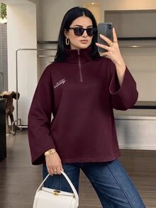 Solavon Women's Letter Print Half-Zip Drop Shoulder Long Sleeve Sweatshirt - Burgundy - View 6
