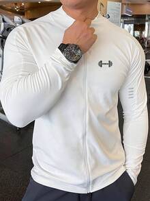 Sport MetroGents 白色男士拉鍊運動夾克，秋季運動休閒基本款健身運動上衣，休閒素色長袖透氣慢跑跑步男友風夾克 - 白色 - 查看 1