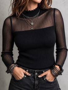 Velvienne Plus Size Elegant Women's Mesh Long Sleeve Top, Ribbed Knit Patchwork Fitted Mesh Vertical Stripe Top, Elegant Party Casual Daily Wear - Black - View 3