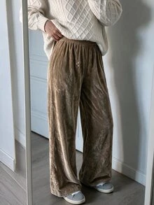 Solavon Women's Floral Embroidered Elastic Waist Loose Casual Long Pants - Khaki - View 8