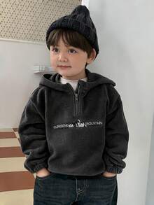 DAZY 幼兒男童連帽仿抓絨英文刺繡運動衫 - 深灰色 - 查看 3