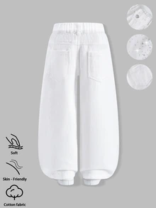 SHEIN Elladie kids 女童牛仔褲，嬰兒藍，返校季 Y2K 水鑽鑽石閃亮牛仔褲，不對稱彈性腰寬鬆直筒寬腿棉質丹寧夏季款 - 白色 - 查看 2