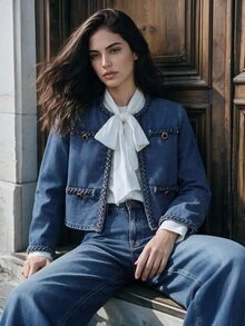Anewsta Women's Woven Rope Decor Minimalist Versatile Denim Jacket - Blue - View 1