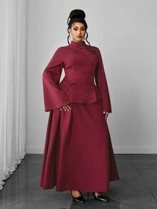 Maweii Plus Size Burgundy New Chinese Style 2 Pieces Set, Stand Collar Oblique Placket Frog Button Bell Sleeve Top And High Waist Flared Long Skirt, Return Home Ceremony Dress - Burgundy - View 5