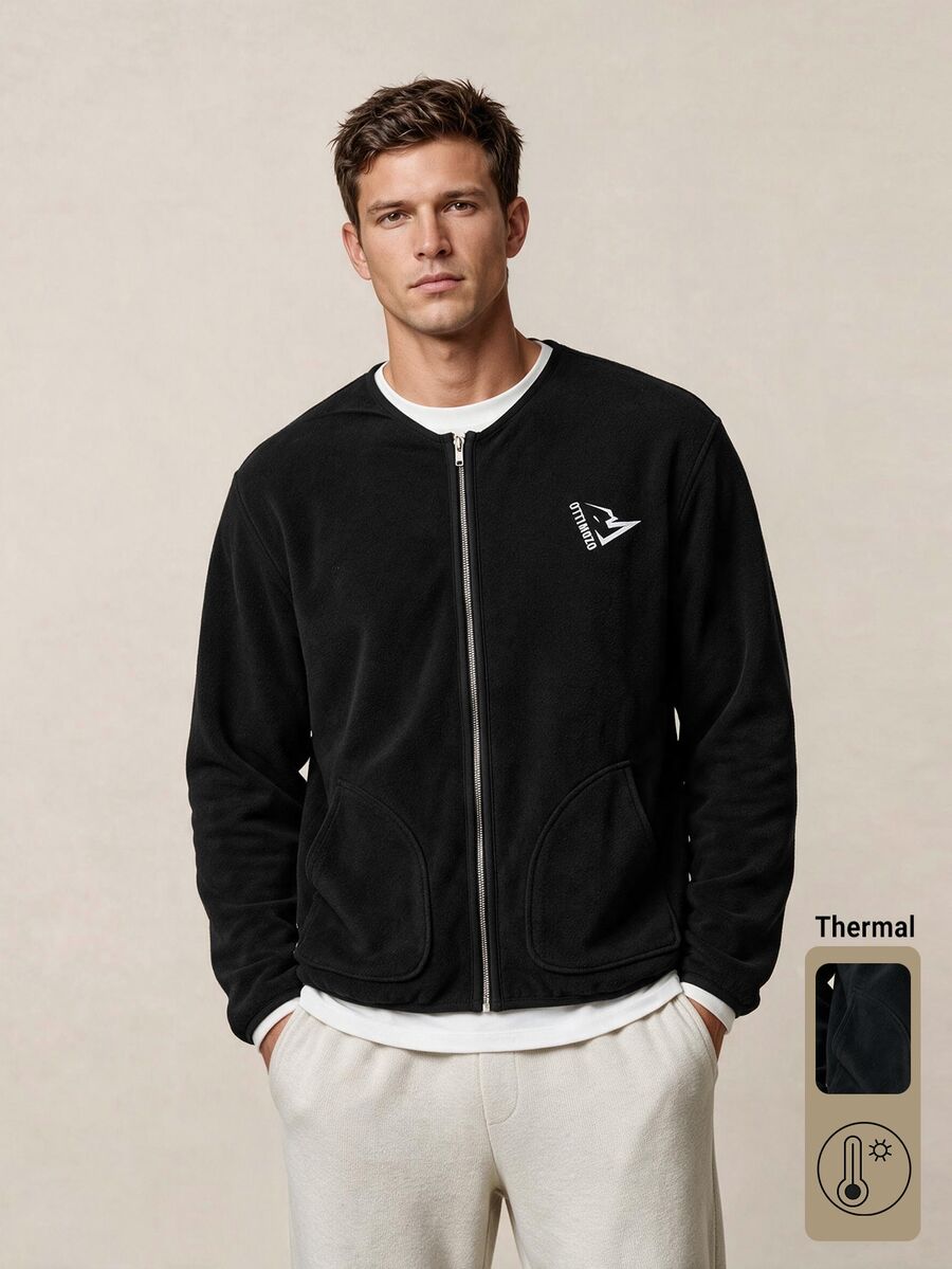 OTTIMOZO Men's Regular Fit V-Neck Full Zip Fleece Jacket, Pattern Print Contrast Trim Warm Casual Outerwear - Green - View 1