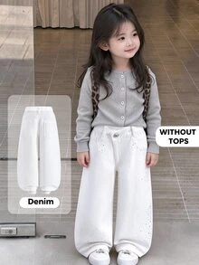 SHEIN Elladie kids 女童牛仔褲，嬰兒藍，返校季 Y2K 水鑽鑽石閃亮牛仔褲，不對稱彈性腰寬鬆直筒寬腿棉質丹寧夏季款 - 白色 - 查看 3