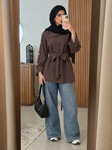 Solavon Women's Vintage Sequin Button Long Sleeve Blouse - Brown - View 3