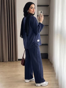 Solavon New Korean Vintage Loose Comfortable Patchwork Drawstring Design Casual College Outfit Set - Navy Blue - View 5
