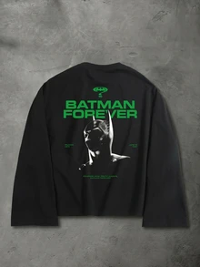 BATMAN X SHEIN StoneGrade Men's Letter Graphic Casual Daily Long Sleeve T-Shirt - Black - View 1