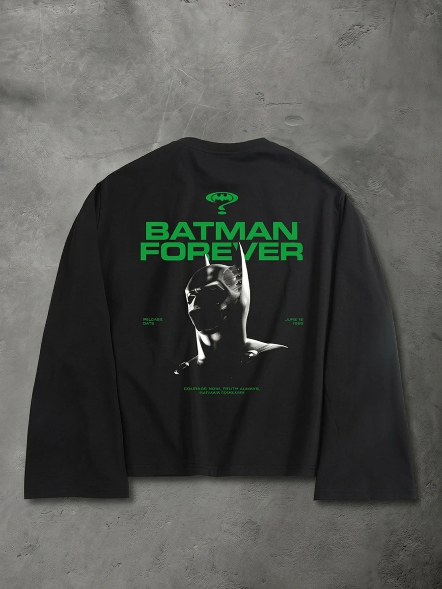 BATMAN X SHEIN StoneGrade Men's Letter Graphic Casual Daily Long Sleeve T-Shirt - Black - View 1