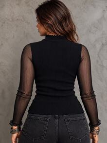 Velvienne Plus Size Elegant Women's Mesh Long Sleeve Top, Ribbed Knit Patchwork Fitted Mesh Vertical Stripe Top, Elegant Party Casual Daily Wear - Black - View 2