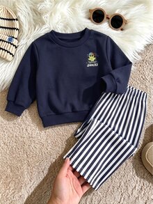 SHEIN Playful Pals 2件組 幼兒男童運動衫長褲套裝 可愛海軍藍配色 白色條紋 長袖圓領 標準版型 休閒舒適 秋冬日常 兒童男童節日冬季款 - 綠色 - 查看 2