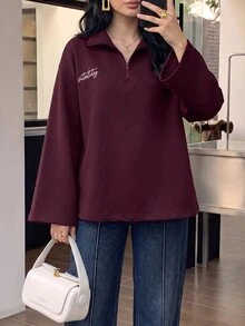 Solavon Women's Letter Print Half-Zip Drop Shoulder Long Sleeve Sweatshirt - Burgundy - View 3
