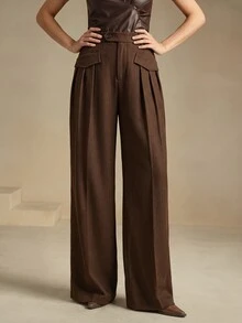 Anewsta Women's Modern Commute Versatile Design Pocket Draped Fashion Loose Slimming Pleated Wide Leg Casual Long Pants - Clay Red - View 6