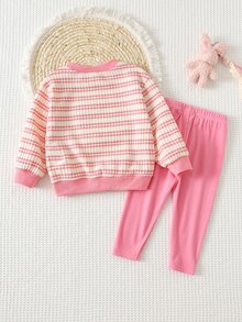 Cozy Pixies Baby Girl 2pcs Set Cute Bow Bear Pattern Striped Crew Neck Sweatshirt And Pink Long Pants - Multicolor - View 2