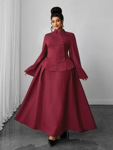 Maweii Plus Size Burgundy New Chinese Style 2 Pieces Set, Stand Collar Oblique Placket Frog Button Bell Sleeve Top And High Waist Flared Long Skirt, Return Home Ceremony Dress - Burgundy - View 3