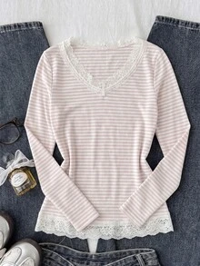 Tween Girls T-Shirts Pink Striped Lace Trim Patchwork Long Sleeve T-Shirt - Baby Pink - View 3