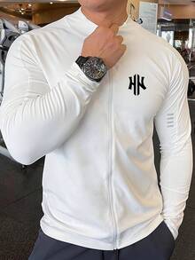 Sport MetroGents 白色男士拉鍊運動夾克，秋季運動休閒基本款健身運動上衣，休閒純色長袖透氣慢跑跑步男友風夾克 - 白色 - 查看 1