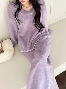 Feyla New Design Lazy Petal Collar Contrast Trim Elegant Comfortable Casual Home Wear Set - Pink - View 2