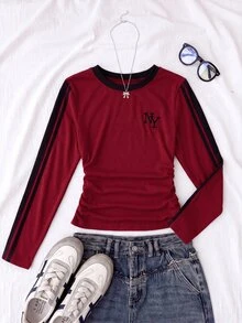 SHEIN 青少年女孩休閒T恤，拼色設計搭配紐約印花圖案，適合日常穿著 - 酒紅色 - 查看 8