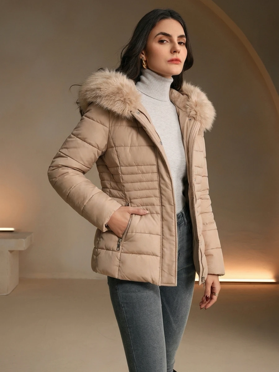 Anewsta Women's Fur Collar Casual Versatile Winter Padded Coat - Apricot - View 1