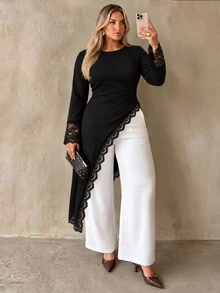 Juhart Plus Size French Lace Patchwork Asymmetrical Hem T-Shirt - Black - View 1
