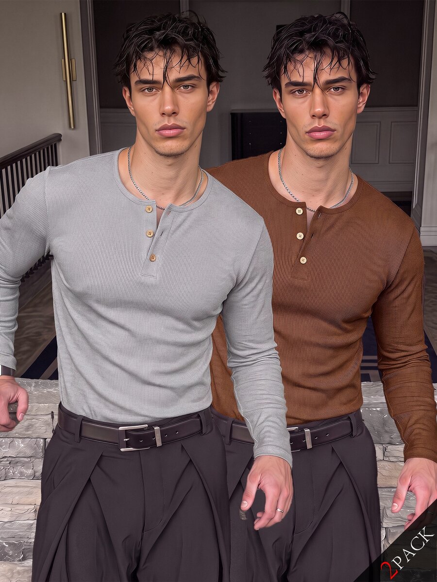 SWAVVY 2pcs Men's Ribbed Long Sleeve T-Shirts - Multicolor - View 1