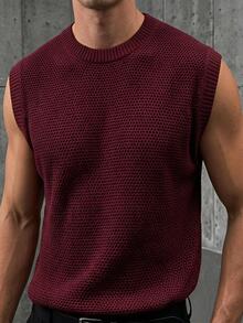 Manfinity CasualKnits 男士純色圓領休閒百搭針織背心 約會之夜 辦公室 日出色 象牙白 秋冬 假日 節慶 街頭風 冬季 - 紅色 - 查看 5