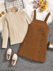 Big Girls Casual 2Pcs Outfit Solid Beige Ribbed Long Sleeve Mock Neck Top & Brown Corduroy Suspender A Line Dress With Side Buttons Simple Daily Wear - Khaki - View 3