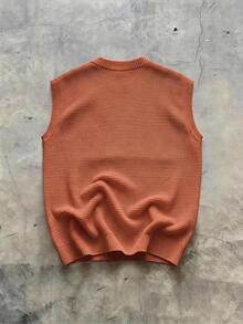 Manfinity CasualKnits 男士純色圓領休閒百搭針織背心 約會之夜 辦公室 日出色 象牙白 秋冬節日 街頭風 冬季 - 橘色 - 查看 2