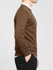 Manfinity CasualKnits 男士休閒純色圓領毛衣，秋冬長袖上衣 - 咖啡棕 - 查看 3