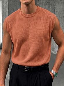 Manfinity CasualKnits 男士純色圓領休閒百搭針織背心，男孩秋冬日常新款套頭毛衣 - 橘色 - 查看 1