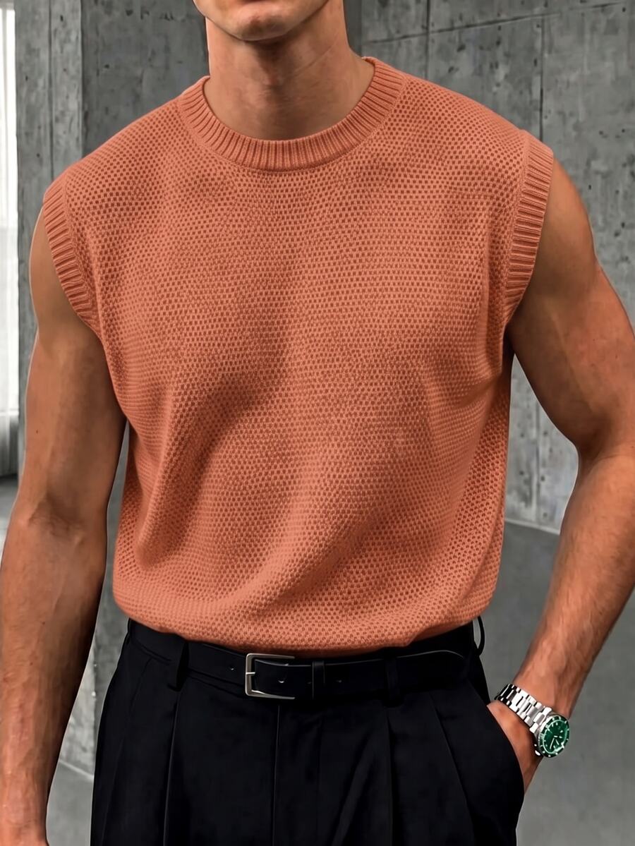 Manfinity CasualKnits 男士純色圓領休閒百搭針織背心,男孩秋冬日常新款套頭毛衣 - 橘色 - 查看 1