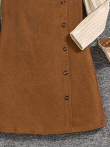 Big Girls Casual 2Pcs Outfit Solid Beige Ribbed Long Sleeve Mock Neck Top & Brown Corduroy Suspender A Line Dress With Side Buttons Simple Daily Wear - Khaki - View 4