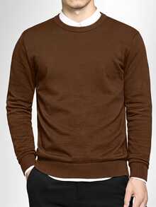 Manfinity CasualKnits 男士休閒純色圓領毛衣，秋冬長袖上衣 - 咖啡棕 - 查看 1