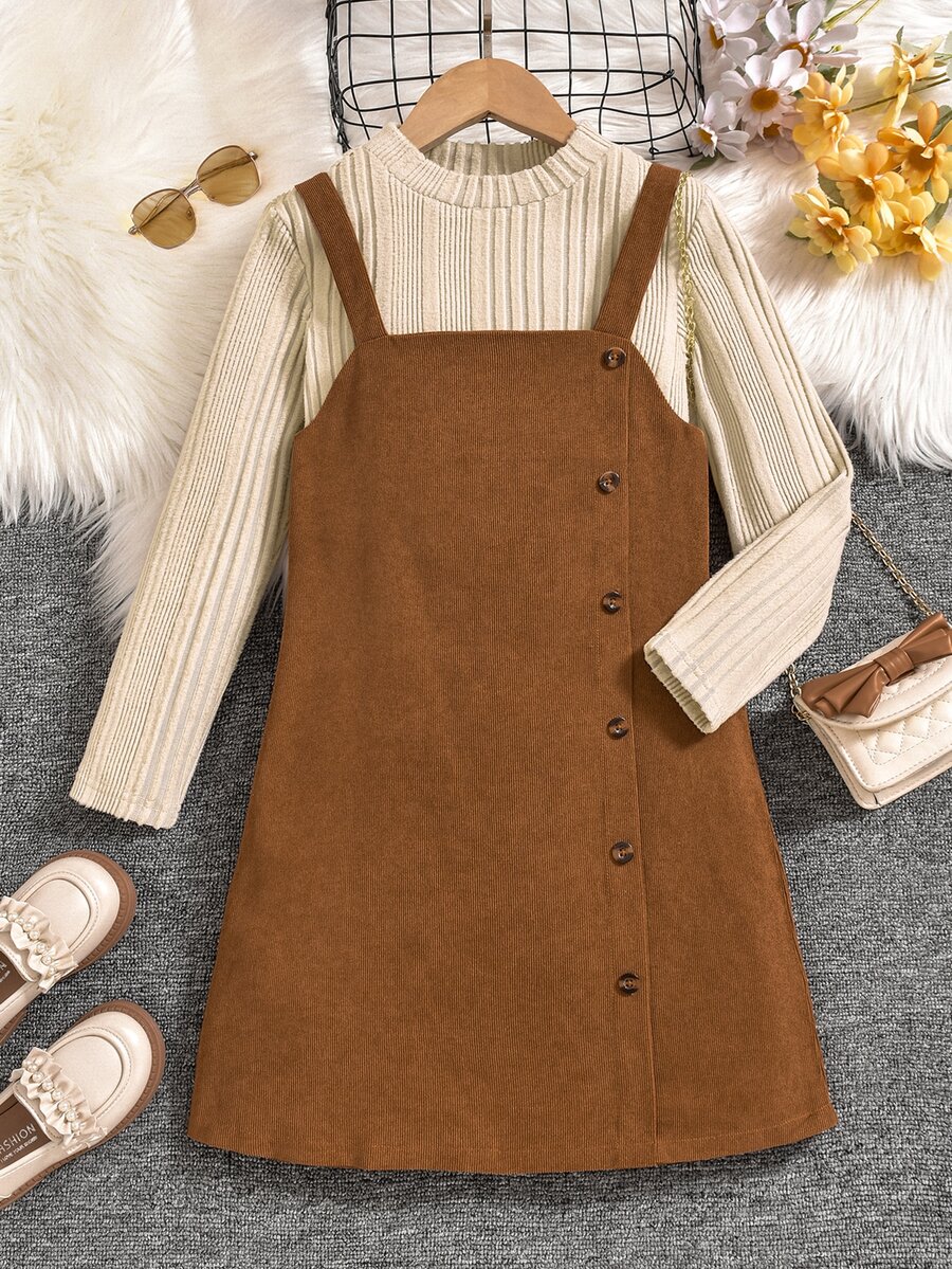Big Girls Casual 2Pcs Outfit Solid Beige Ribbed Long Sleeve Mock Neck Top & Brown Corduroy Suspender A Line Dress With Side Buttons Simple Daily Wear - Khaki - View 1