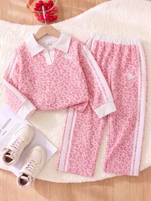 SHEIN 女童 2 件組針織翻領長袖寬鬆版型 T 恤套裝 冬季 棕色 - 粉色 - 查看 1