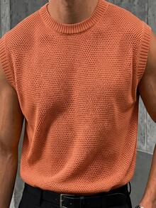 Manfinity CasualKnits 男士純色圓領休閒百搭針織背心，男孩秋冬日常新款套頭毛衣 - 橘色 - 查看 7