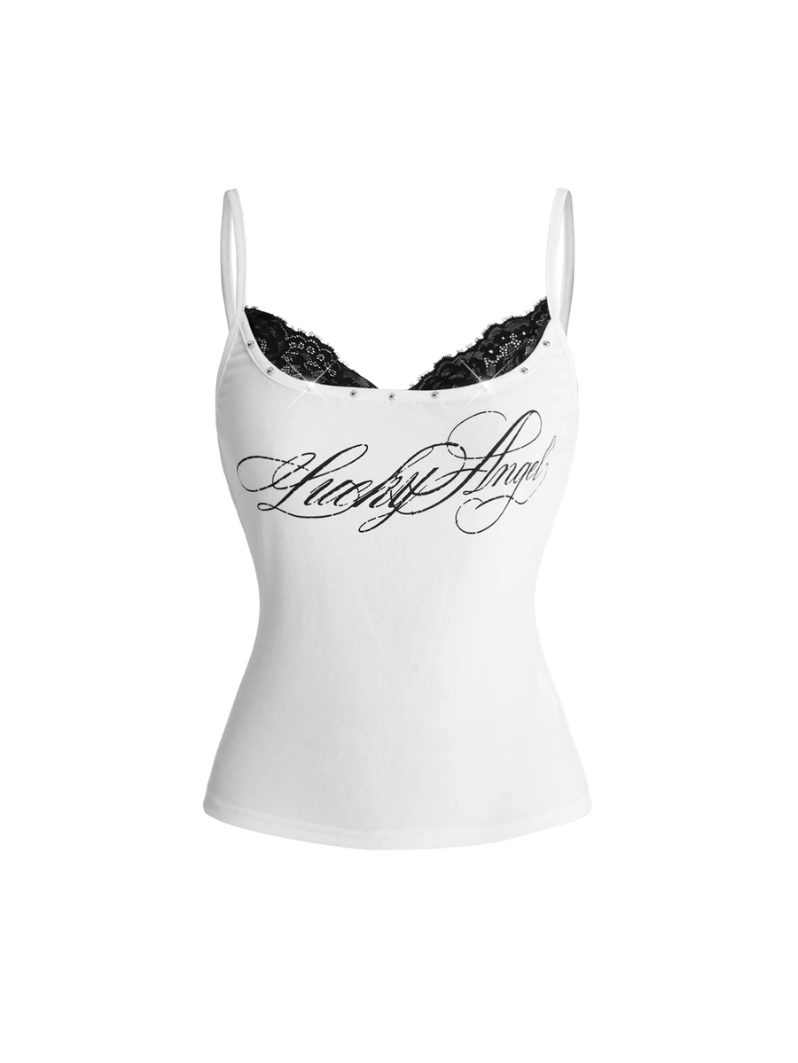 ROMWE Y2K Plus Size Women's Lace Trim Letter Print Fitted Versatile Camisole Tank Top - White - View 1