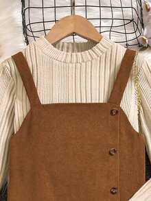 Big Girls Casual 2Pcs Outfit Solid Beige Ribbed Long Sleeve Mock Neck Top & Brown Corduroy Suspender A Line Dress With Side Buttons Simple Daily Wear - Khaki - View 6