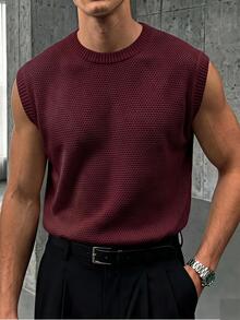 Manfinity CasualKnits 男士純色圓領休閒百搭針織背心 約會之夜 辦公室 日出色 象牙白 秋冬 假日 節慶 街頭風 冬季 - 紅色 - 查看 1