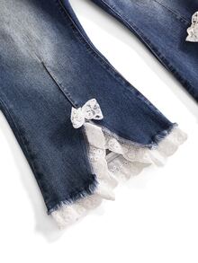 Sweetness Kawaii Sweet Casual Plus Size Women's Mid-Length Jeans With Flared Leg, Patchwork Embroidered Lace Trim - Dark Wash - View 4