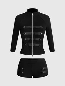 ROMWE Grunge Punk Autumn/Winter Napoleon Military Style Button Design Fitted Mid-Sleeve Top & Low Waist Mini Shorts 2 Pieces Set - Black - View 1