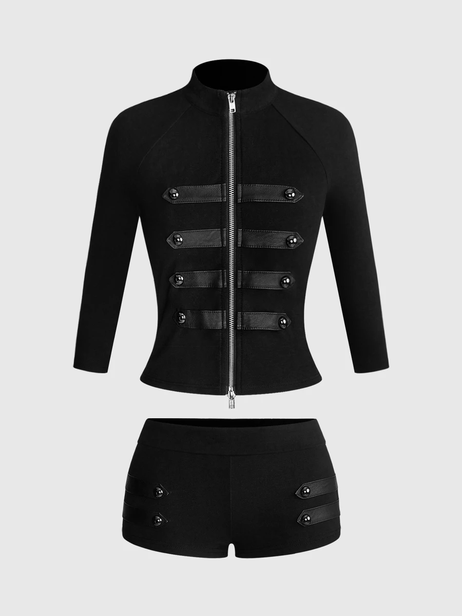ROMWE Grunge Punk Autumn/Winter Napoleon Military Style Button Design Fitted Mid-Sleeve Top & Low Waist Mini Shorts 2 Pieces Set - Black - View 1