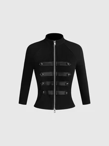 ROMWE Grunge Punk Autumn/Winter Napoleon Military Style Button Design Fitted Mid-Sleeve Top & Low Waist Mini Shorts 2 Pieces Set - Black - View 5