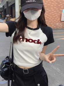 夏季新款女士时尚休闲拼布短袖 T 恤 - 黑與白 - 查看 5