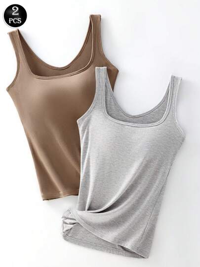 2 pièces/set Hauts de camisole simples et sans couture pour femmes, débardeurs avec rembourrage, sans manches et à bretelles larges, pour le sport